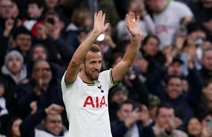 Harry Kane pictured celebrating after scoring the 267th goal of his Tottenham Hotspur career during an EPL game against Manchester City in February 2023