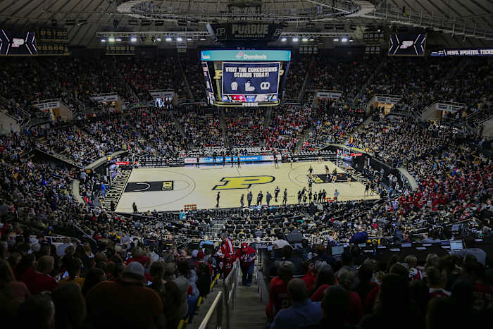 A view of a sold-out Mackey Arena for the NCAA women's basketball game between the Purdue Boilermakers and the Indiana Hoosiers, Sunday, Feb. 5, 2023, at Mackey Arena in West Lafayette, Ind. The Indiana Hoosiers won 69-46.