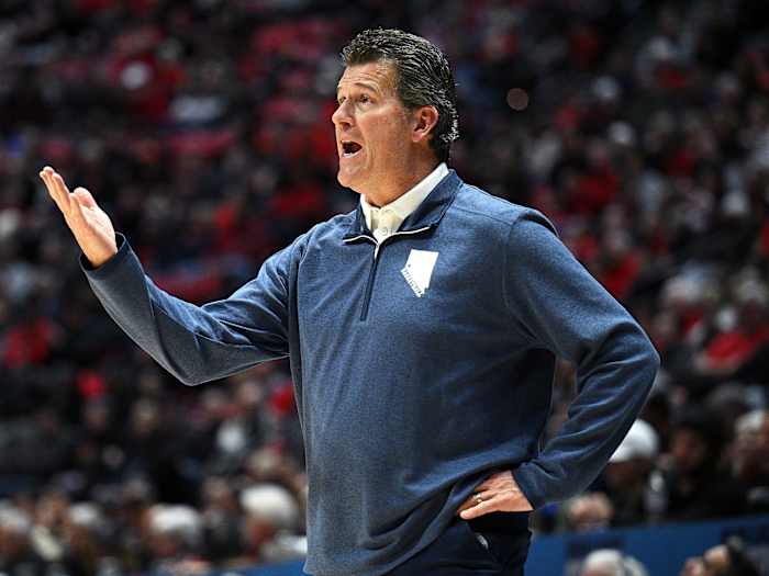 Nevada’s Steve Alford gestures on the sideline