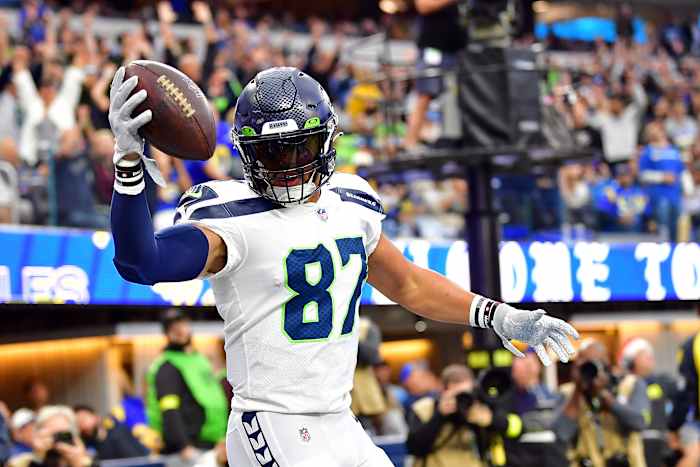Seattle Seahawks tight end Noah Fant (87) celebrates his touchdown scored against the Los Angeles Rams during the first half at SoFi Stadium.