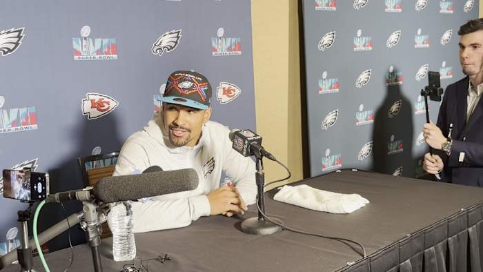 Jalen Hurts talks at Eagles Super Bowl LVII availability on Fb. 7., 2023