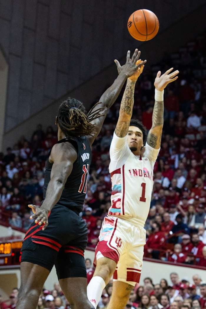 Indiana Hoosiers guard Jalen Hood-Schifino (1) shoots the ball in the first half at Simon Skjodt Assembly Hall.