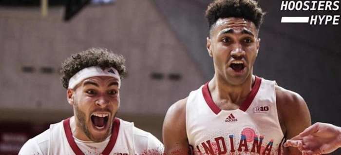 Indiana forwards Race Thompson (left) and Trayce Jackson-Davis (right) react to Jalen Hood-Schifino's behind-the-back layup against Rutgers.