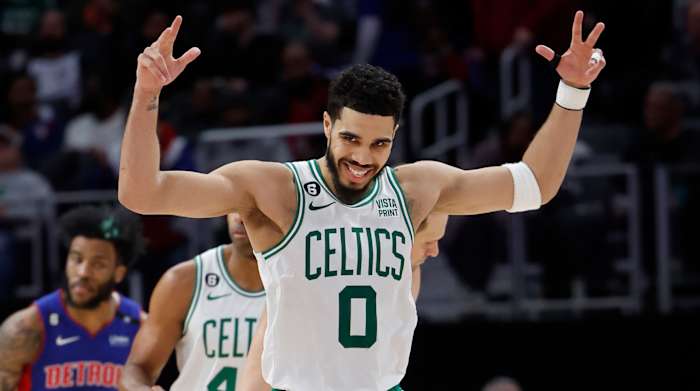 Celtics forward Jayson Tatum celebrates