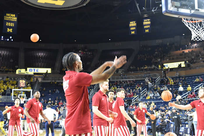 Indiana guard Tamar Bates puts up shots during warmups before Indiana's game against Michigan.