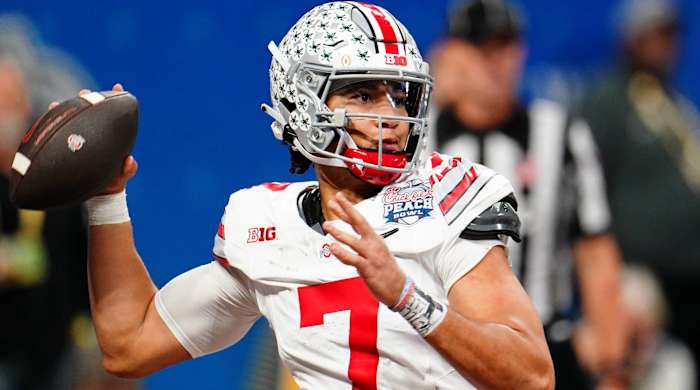 Ohio State quarterback C.J. Stroud throws a pass in a game vs. Georgia.