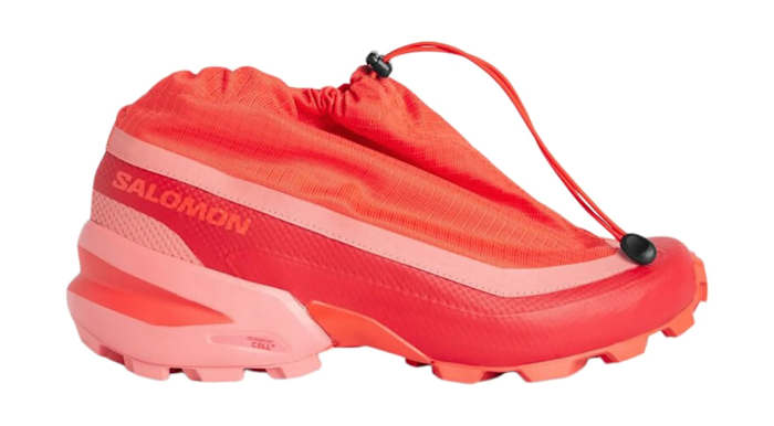 Side view of red shoe with drawstring.