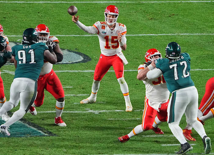 Patrick Mahomes throws a pass during Super Bowl LVII