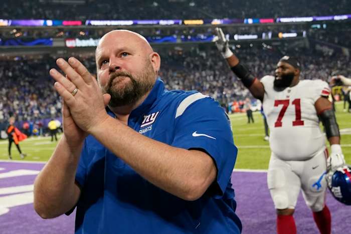 New York Giants head coach Brian Daboll reacts after an NFL wild card football game against the Minnesota Vikings Sunday, Jan. 15, 2023, in Minneapolis. The Giants won 31-24.