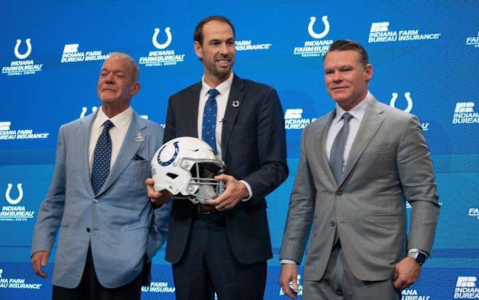 Shane Steichen, center, poses for photos with Colts Owner and CEO Jim Irsay, left, and General Manager Chris Ballard after a press conference Tuesday, Feb. 14, 2023 announcing that Steichen is the new Indianapolis Colts Head Coach.