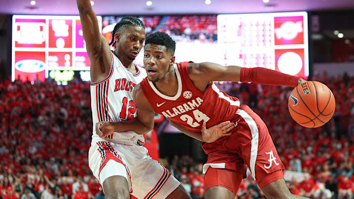 Alabama’s Brandon Miller dribbles against Houston