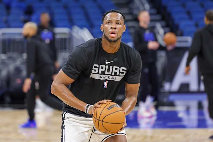 Dec 23, 2022; Orlando, Florida, USA; San Antonio Spurs center Charles Bassey (28) warms up before the game against the Orlando Magic at Amway Center.
