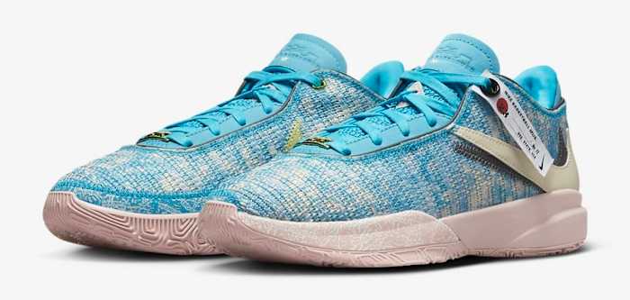 View of blue Nike LeBron shoes.