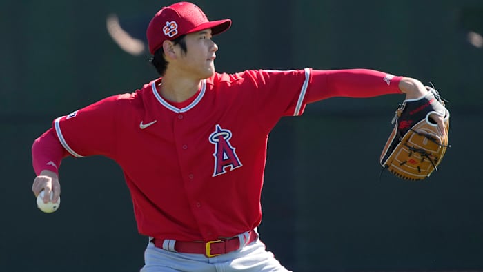 Los Angeles Angels starting pitcher Shohei Ohtani throws during spring training camp.