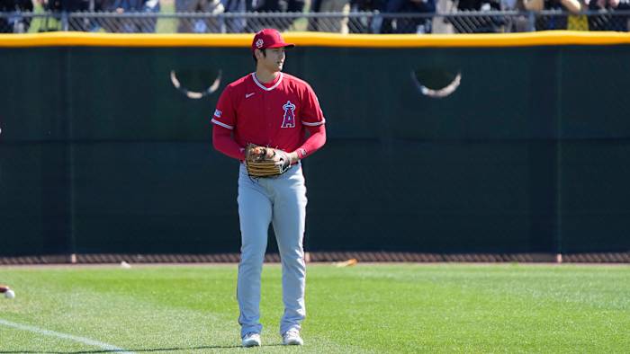 Los Angeles Angels starting pitcher Shohei Ohtani throws during spring training camp