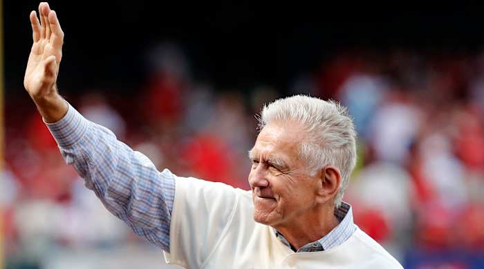 Tim McCarver, a member of the St. Louis Cardinals' 1967 World Series championship team, takes part in a ceremony honoring the 50th anniversary of the victory.