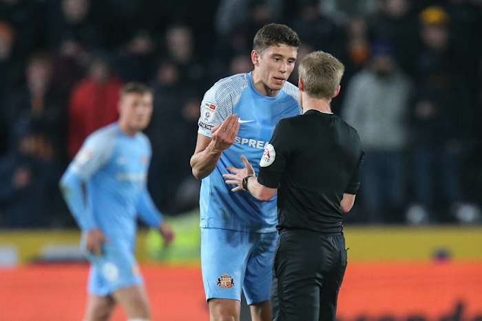 Ross Stewart questioning Gavin Ward after the red card. 
