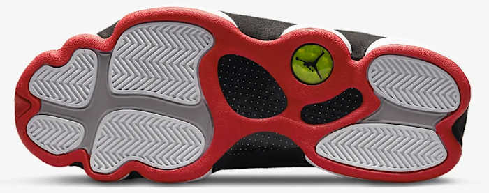 View of white and red Air Jordan shoe outsole.