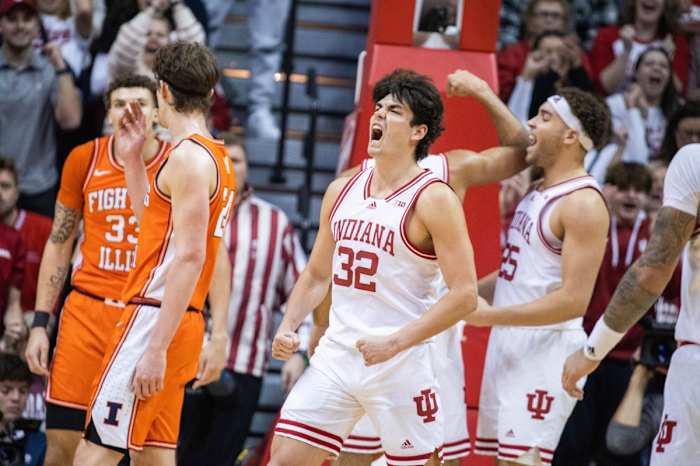 Trey Galloway (32) celebrates a made basket in the second half against the Illinois Fighting Illini at Simon Skjodt Assembly Hall.