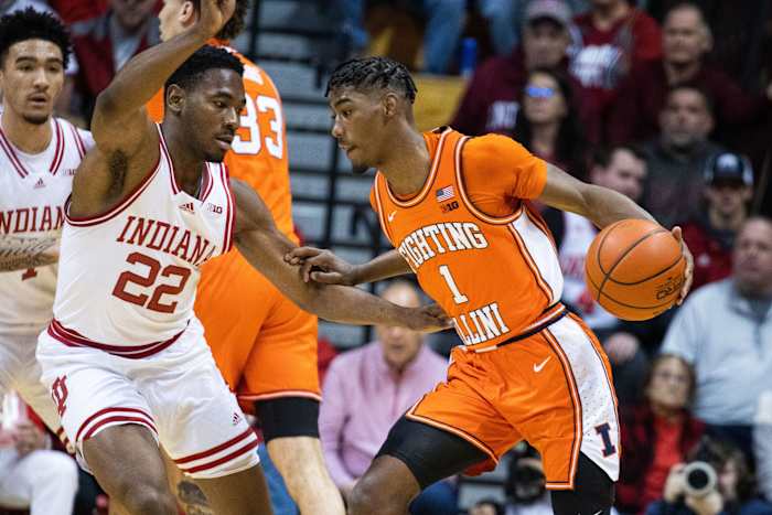 Indiana Hoosiers forward Jordan Geronimo (22) defends in the first half at Simon Skjodt Assembly Hall.