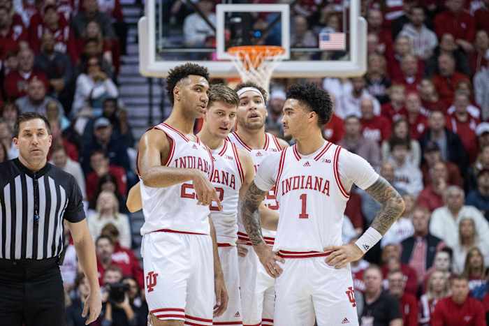 The Indiana Hoosiers huddle in the first half against the Illinois Fighting Illini at Simon Skjodt Assembly Hall.