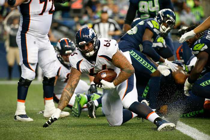 In the right place at the right time, Dalton Risner scored a touchdown recovering a fumble in the end zone against the Seahawks in the preseason in 2021.