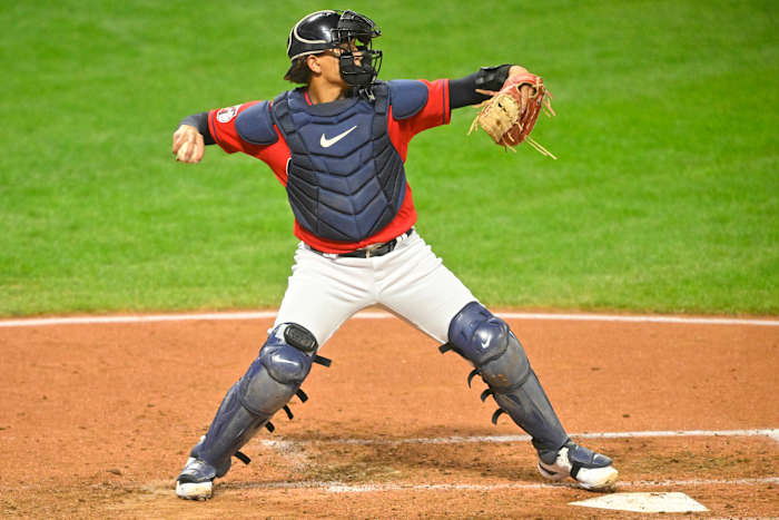 Oct 3, 2022; Cleveland, Ohio, USA; Cleveland Guardians catcher Bo Naylor (44) throws to second base between innings of a game against the Kansas City Royals at Progressive Field. Mandatory Credit: David Richard-USA TODAY Sports