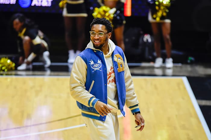 Feb 18, 2023; Salt Lake City, Utah, USA; Donovan Mitchell at the game against the Grambling State University Tigers and the Southern University Jaguars during the first half at the Jon M. Huntsman Center. Mandatory Credit: Christopher Creveling-USA TODAY Sports