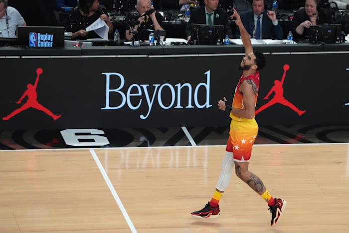 Jayson Tatum celebrates during the 2023 NBA All-Star Game.