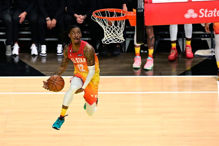 Ja Morant dunks the ball in the 2023 NBA All-Star Game.