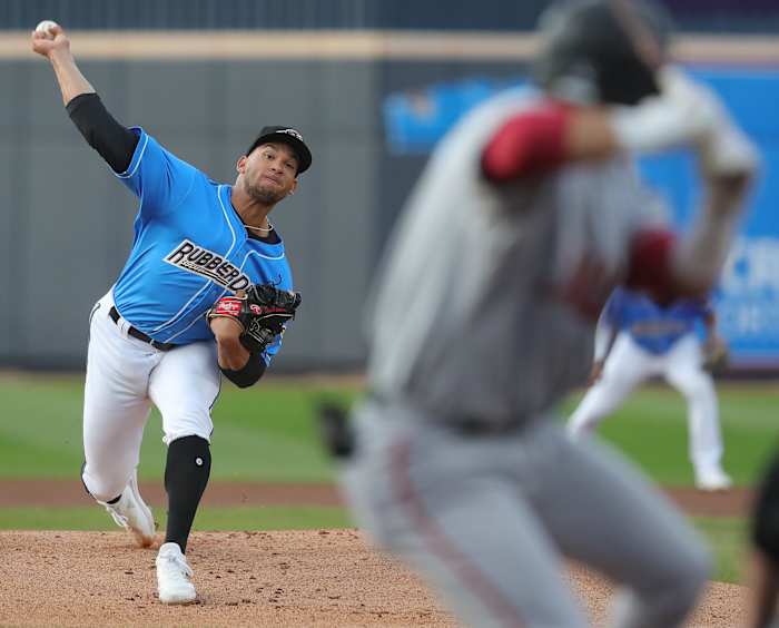 Akron RubberDucks starting pitcher Daniel Espino throws against the Altoona Curve during the first inning of a MiLB baseball game at Canal Park on Friday. Ducksespino 1 © Jeff Lange / USA TODAY NETWORK