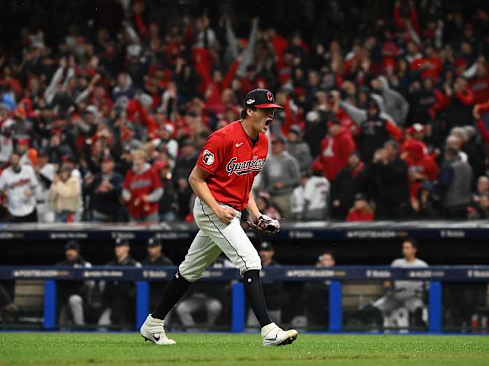 Oct 16, 2022; Cleveland, Ohio, USA; Cleveland Guardians starting pitcher Cal Quantrill (47) reacts against the New York Yankees in the fifth inning during game four of the ALDS for the 2022 MLB Playoffs at Progressive Field. Mandatory Credit: Ken Blaze-USA TODAY Sports