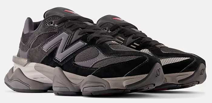 View of black and grey New Balance shoes.