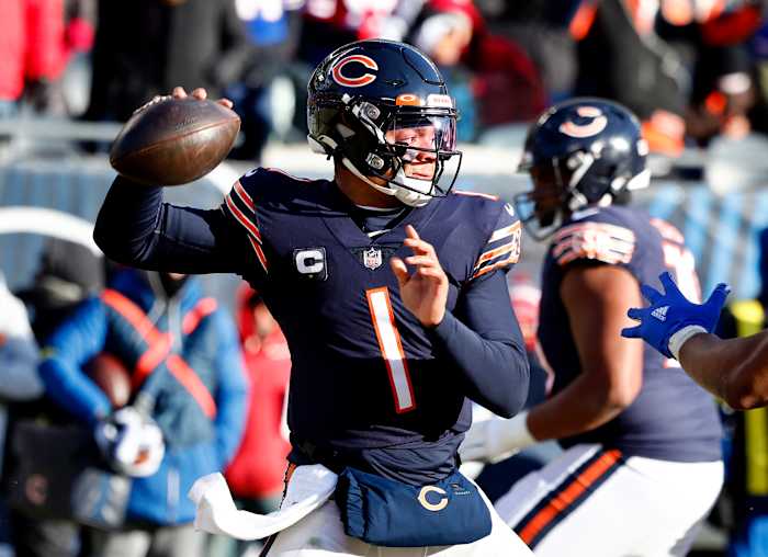 Chicago Bears quarterback Justin Fields throws a pass