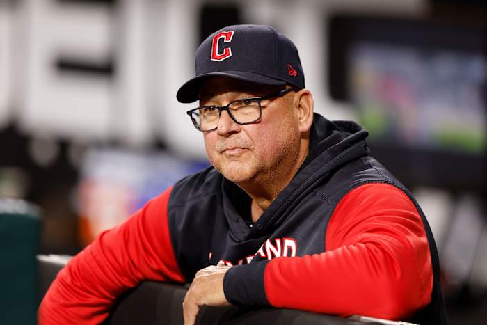 Sep 22, 2022; Chicago, Illinois, USA; Cleveland Guardians manager Terry Francona (77) looks on from the dugout before a baseball game against the Chicago White Sox at Guaranteed Rate Field. Mandatory Credit: Kamil Krzaczynski-USA TODAY Sports