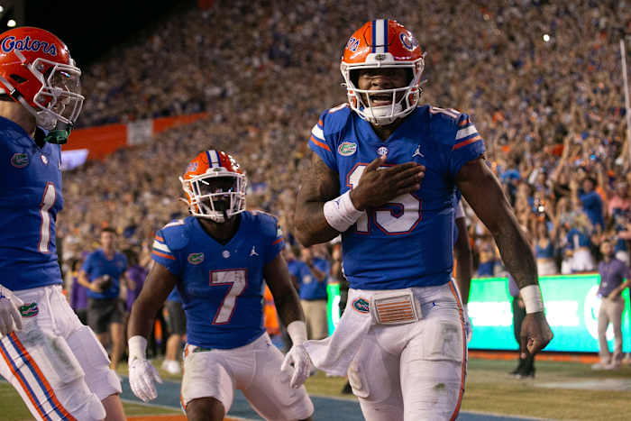 Florida Gators quarterback Anthony Richardson celebrates with his hand over his chest