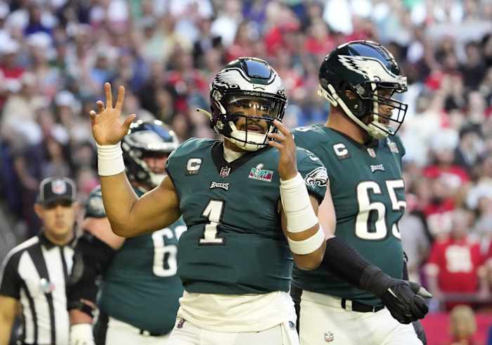 Jalen Hurts (1) and Lane Johnson finished in a dead heat in SI Fan Nation Eagles Today postseason rankings of the 25 Eagles.