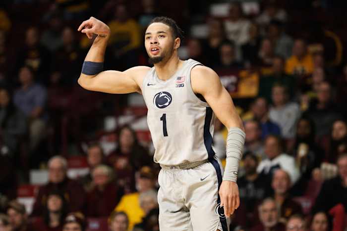 Penn State's Seth Lundy reacts after making a shot in the Nittany Lions' Big Ten win over Minnesota.