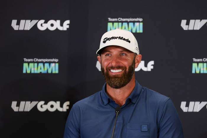 Team Captain Dustin Johnson of 4 Aces GC speaks with the media during a press conference after the semifinals of the LIV Golf Invitational.