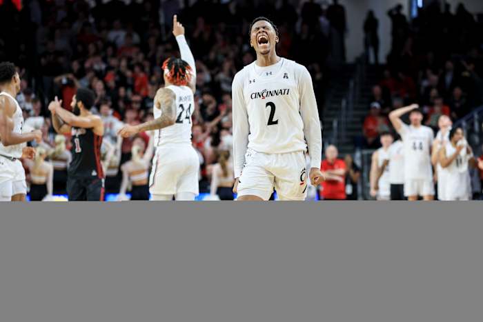 Feb 22, 2023; Cincinnati, Ohio, USA; Cincinnati Bearcats guard Landers Nolley II (2) reacts after making a basket in the game against the Temple Owls in overtime at Fifth Third Arena. Mandatory Credit: Aaron Doster-USA TODAY Sports