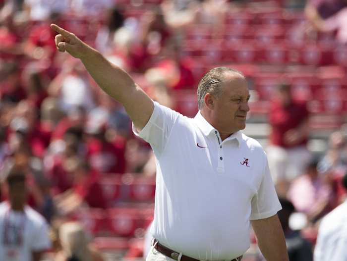 Sep 9, 2017; Tuscaloosa, AL, USA; Alabama Crimson Tide assistant coach Joe Pannunzio prior to the game against Fresno State Bulldogs at Bryant-Denny Stadium.