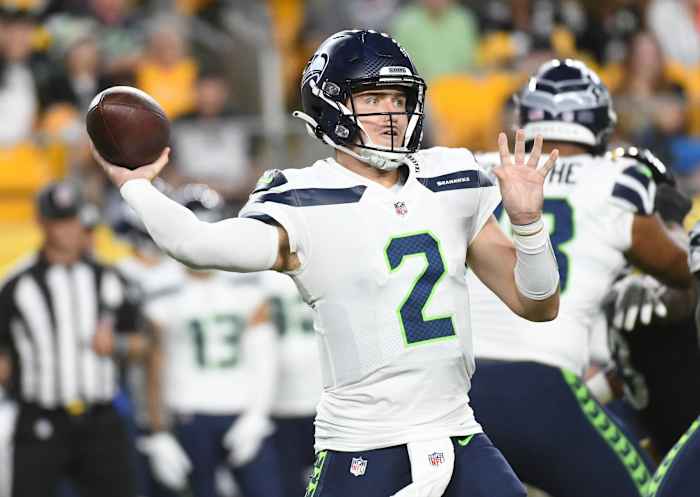 Seattle Seahawks quarterback Drew Lock (2) throws a pass against the Pittsburgh Steelers during the third quarter at Acrisure Stadium.