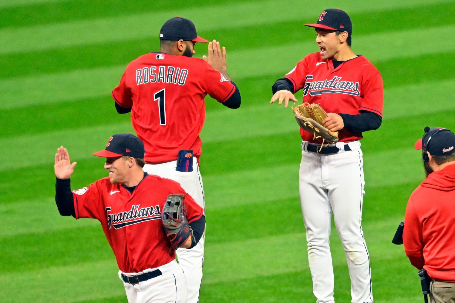 Sep 29, 2022; Cleveland, Ohio, USA; The Cleveland Guardians celebrate a win over the Tampa Bay Rays at Progressive Field. Mandatory Credit: David Richard-USA TODAY Sports