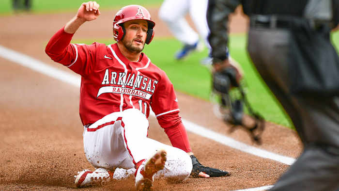 Arkansas Razorbacks Jared Wagner on the bases against Eastern Illinois on Saturday afternoon.