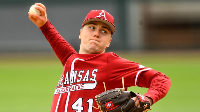 Arkansas Razorbacks Will McEntire on the bases against Eastern Illinois on Saturday afternoon.