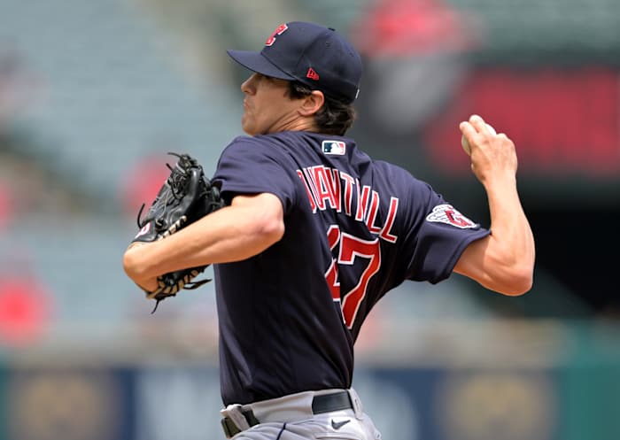 Apr 28, 2022; Anaheim, California, USA; Cleveland Guardians starting pitcher Cal Quantrill (47) pitches in the first inning of the game against the Los Angeles Angels at Angel Stadium. Mandatory Credit: Jayne Kamin-Oncea-USA TODAY Sports