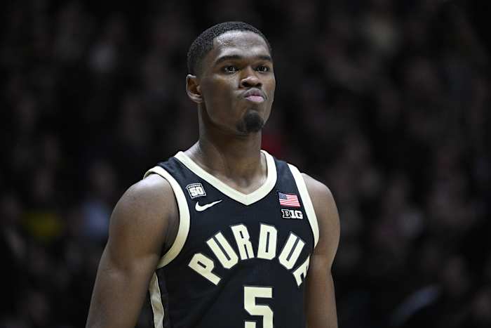 Purdue Boilermakers guard Brandon Newman (5) reacts during the second half against the Indiana Hoosiers.
