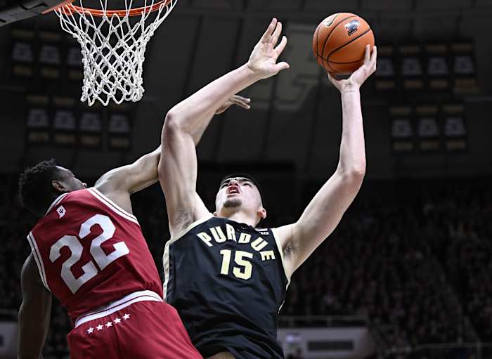 Purdue Boilermakers center Zach Edey (15) shoots the ball over Indiana Hoosiers forward Jordan Geronimo (22).