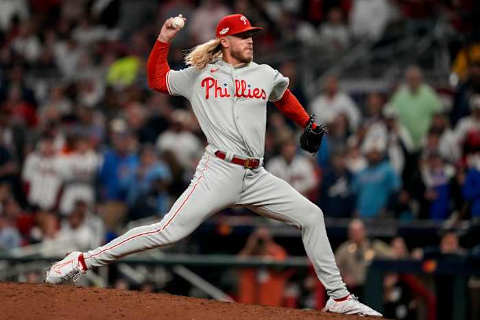 Noah Syndergaard (43) throws the ball in a Phillies uniform