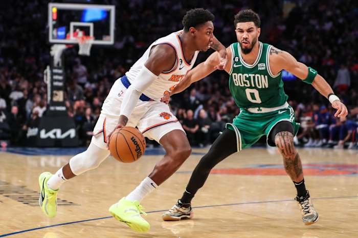 Boston Celtics forward Jayson Tatum, New York Knicks guard RJ Barrett
